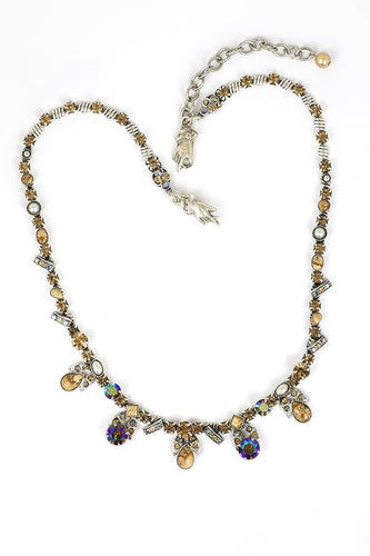 Classic Stone Pewter Necklace set in Antique Silver accented with Semi-Precious Cabochons and  Crystals