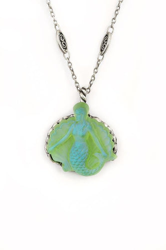 Sea Foam Green German Etched Glass Mermaid Pendant Necklace