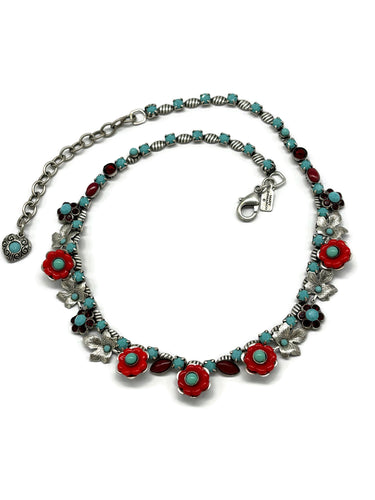 Nk-6 40th BDAY Turquoise and red flower necklace