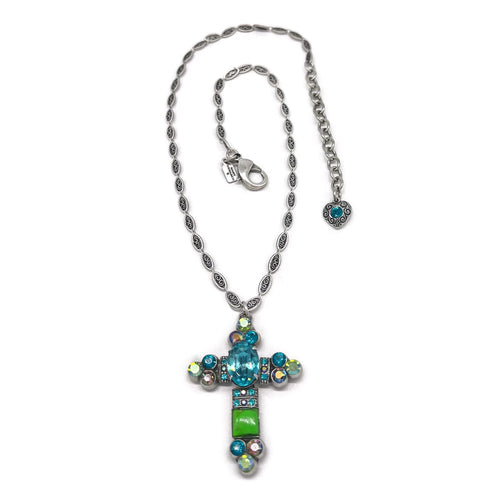 Cross necklace gorgeous statement cross necklace set in antique silver with Mohave green turquoise and peacock colored crystals. Approximately measures 16”L plus extension and cross is 2&1/2 “L and across 2” W.