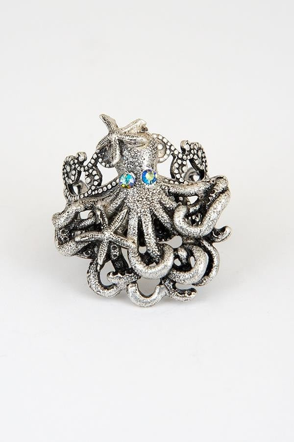 Octopus and Starfish Pewter Ring