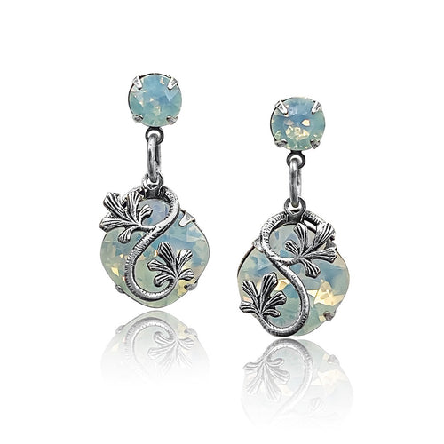 Garden Party right and left vine earrings in white opal or rose water opal.