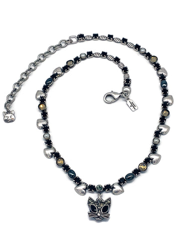 Cat , crystal and hearts necklace